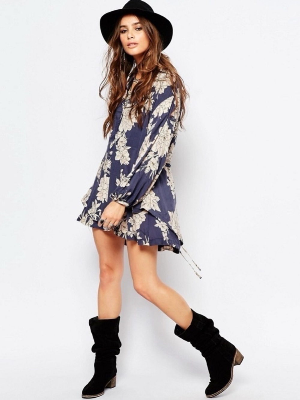 Free People Floral Long Sleeve Swing Dress Sz L